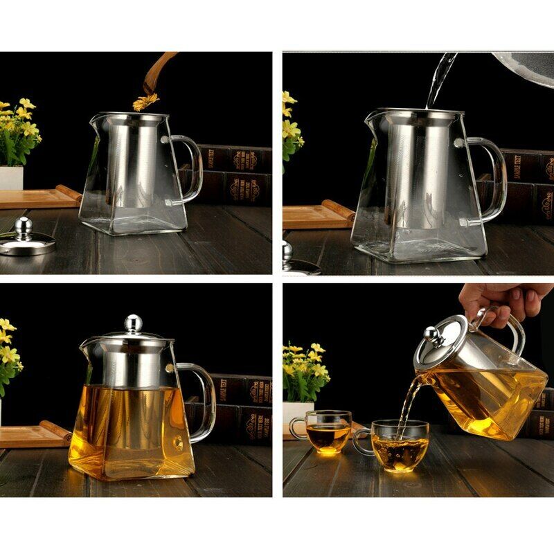 Tea Pot Glass Sqaure Teapot Flower Tea Milk Coffee Pot with Infusers and Lid