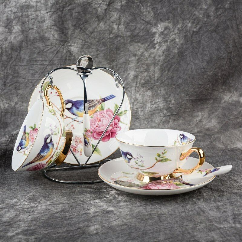 Teacup Tea set Tea Cup Flower Bird Ceramic Tea Cup Saucer Spoon Set Coffee Cup