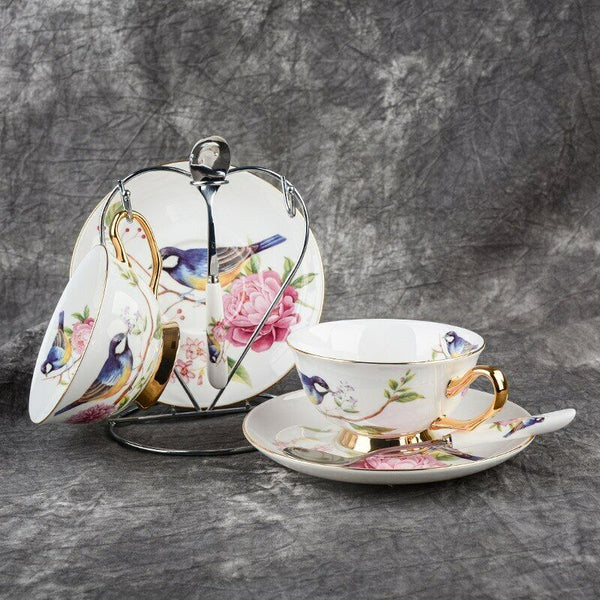 Teacup Tea set Tea Cup Flower Bird Ceramic Tea Cup Saucer Spoon Set Coffee Cup