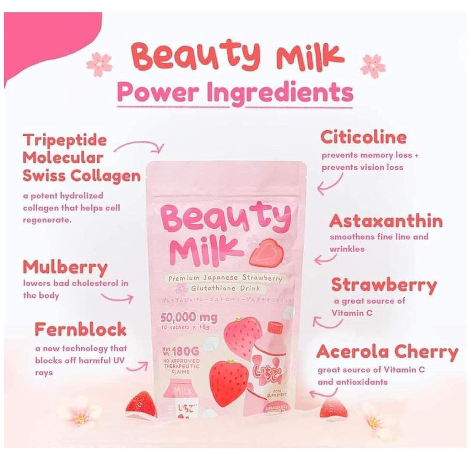 Premium Beauty Milk Powder Erdbeerpulver Instant Collagen Drink 180g/Beutel Secondary image