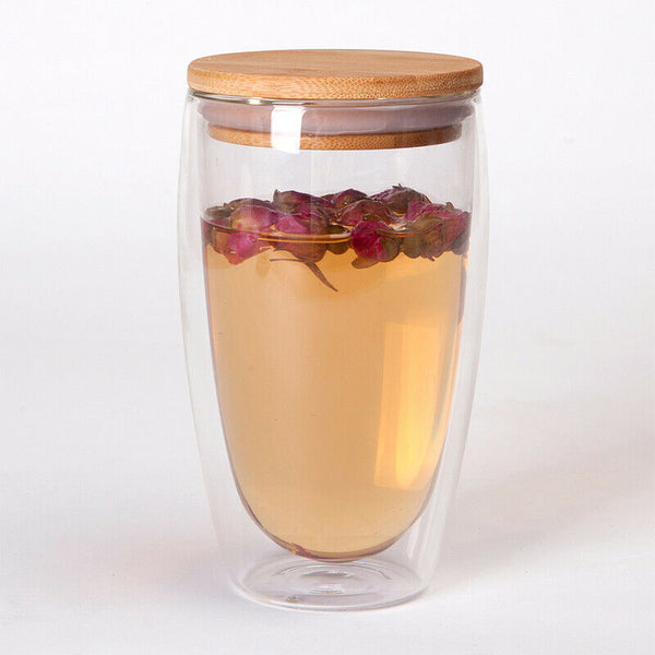 Tea Set Coffee Mugs Tea Cup Double Glass Cup Transparent Heat-resistant Wood Lid