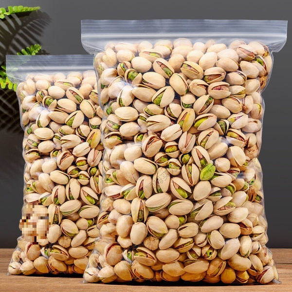 Pistachio large particle salt baked original flavor bagged snack firm and casual