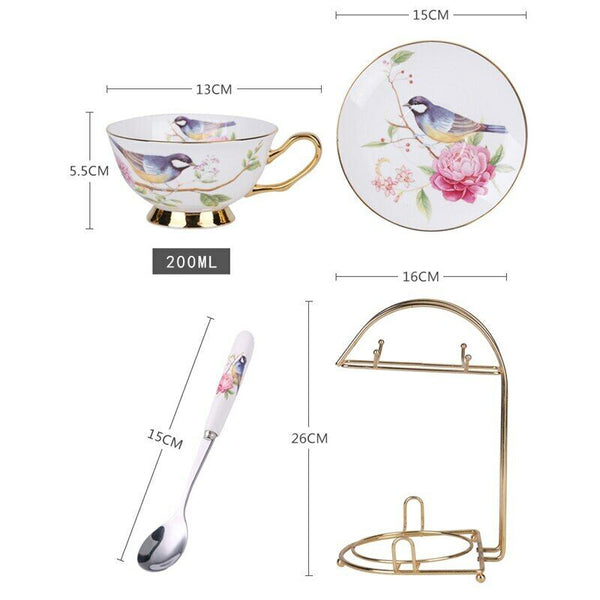 Teacup Tea set Tea Cup Flower Bird Ceramic Tea Cup Saucer Spoon Set Coffee Cup