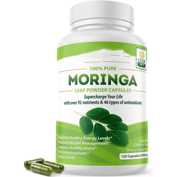 Organic Moringa Capsules 100% Pure 120 Caps, Natural Energy & Immunity Boost Main image