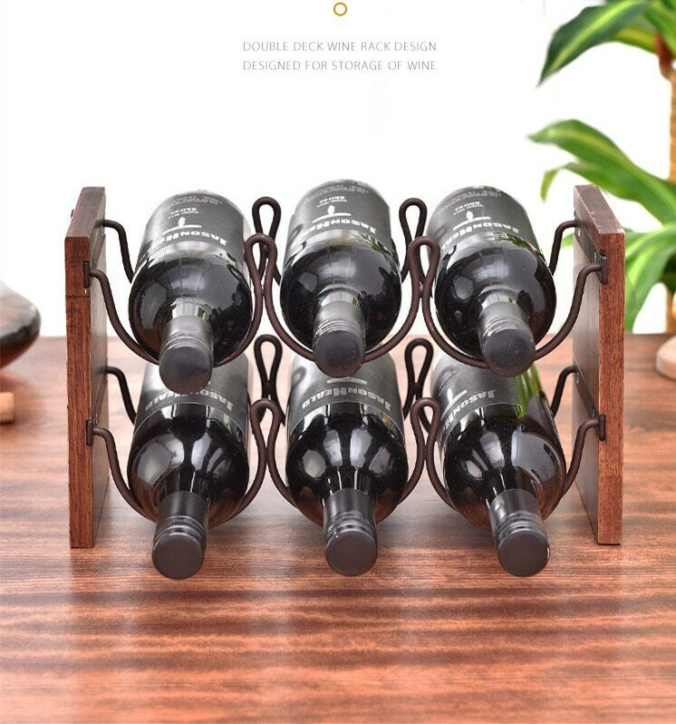 Solid Wood Double Layer Red Wine Rack Wrought Iron Decoration New Bottle Holder