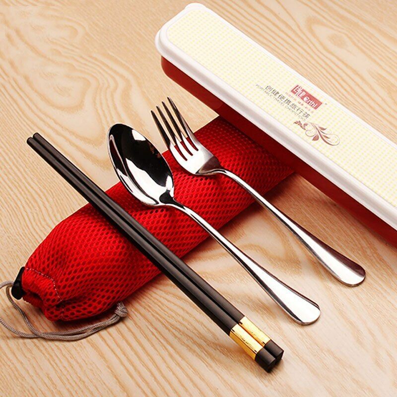 3Pcs Outdoor Portable Stainless Steel Spoon Fork Lunch Dinnerware Tableware Case Main image