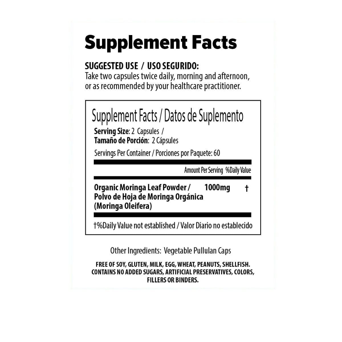 Organic Moringa Capsules 100% Pure 120 Caps, Natural Energy & Immunity Boost