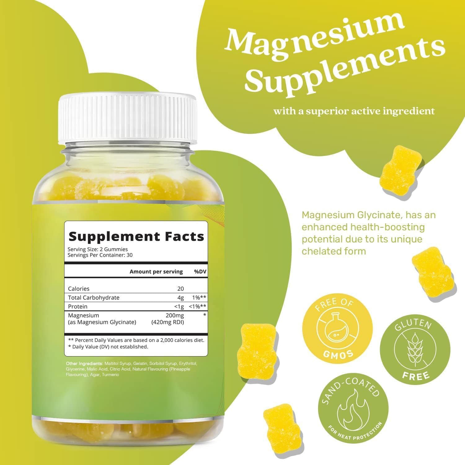 Magnesium Glycinate Gummies, Pineapple Flavor, Calcium, Potassium, Stress Relief
