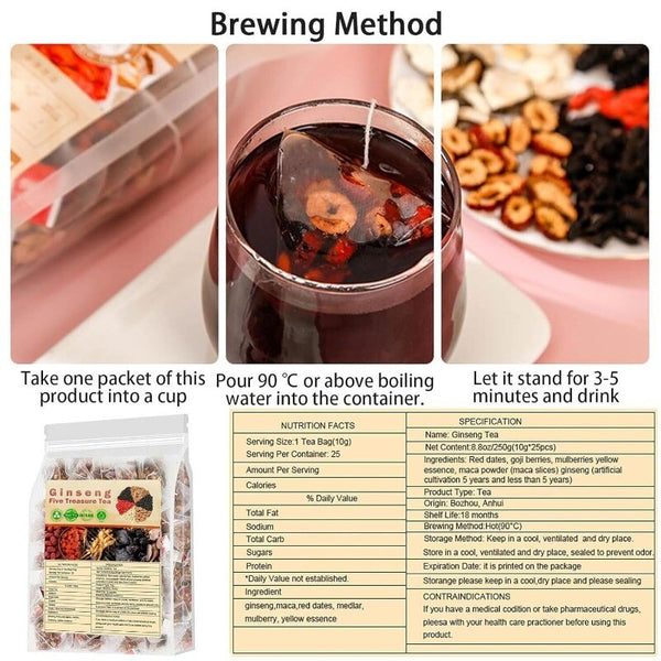 Ginseng Five Treasure Tea - Kidney Support, Red Date Herbal Blend,