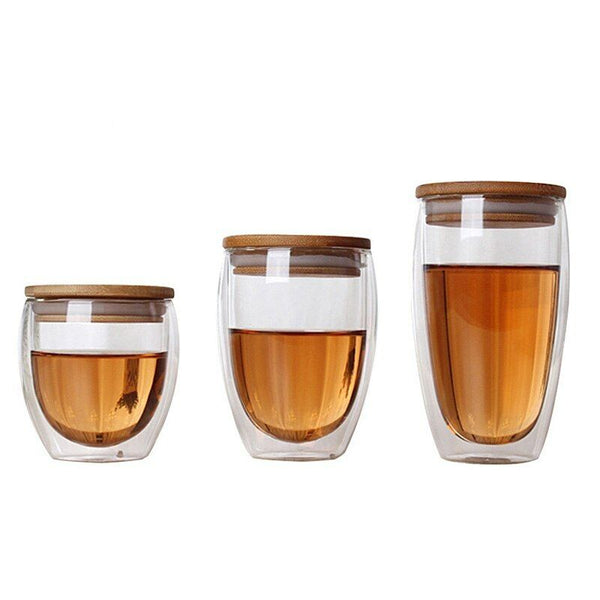 Tea Set Coffee Mugs Tea Cup Double Glass Cup Transparent Heat-resistant Wood Lid