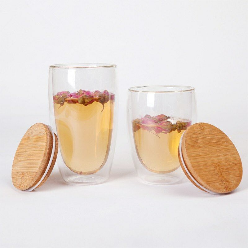 Tea Set Coffee Mugs Tea Cup Double Glass Cup Transparent Heat-resistant Wood Lid
