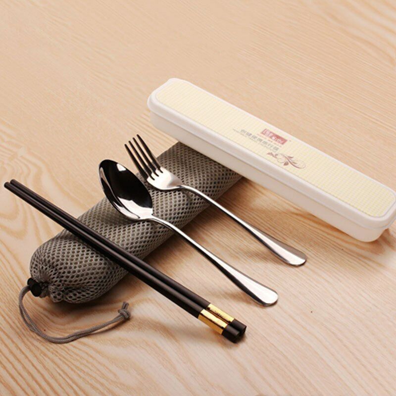 3Pcs Outdoor Portable Stainless Steel Spoon Fork Lunch Dinnerware Tableware Case