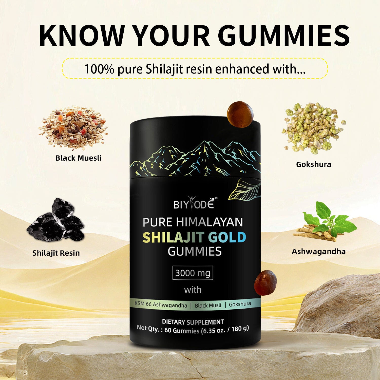 Biyode Pure Himalayan Shilajit Gummies mit Ashwagandha Gokshura und anderen