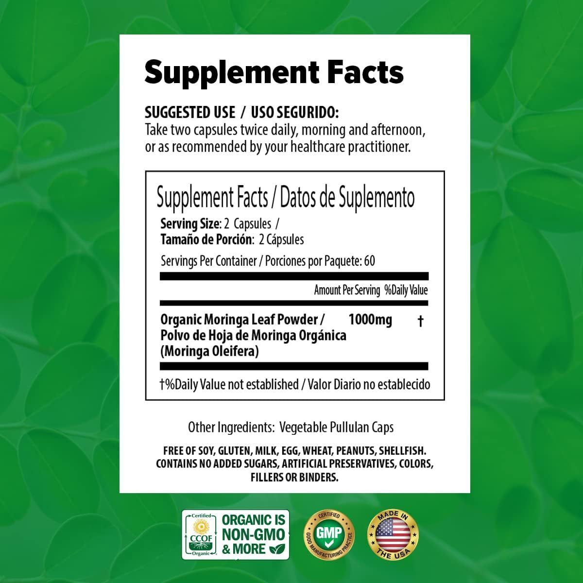 Organic Moringa Capsules 100% Pure 120 Caps, Natural Energy & Immunity Boost