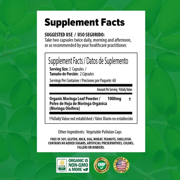 Organic Moringa Capsules 100% Pure 120 Caps, Natural Energy & Immunity Boost
