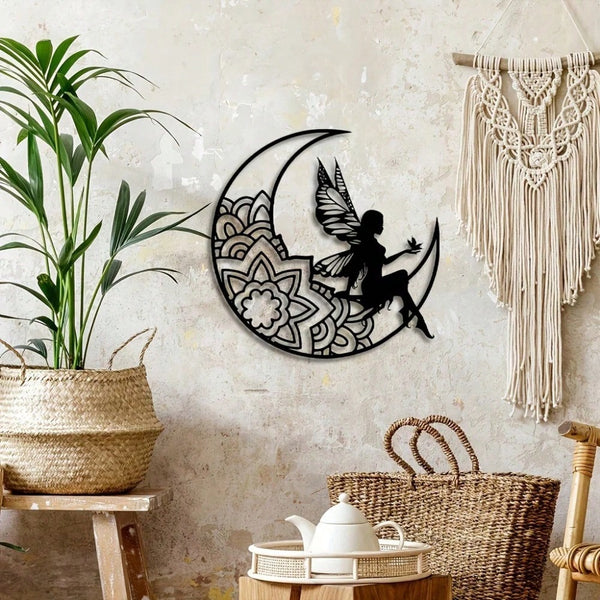 1 piece, wrought iron moon wall decoration, hollow engraved black metal fairy and moon wall decoration, suitable for indoor and outdoor home living room bedroom decoration, decorative gifts