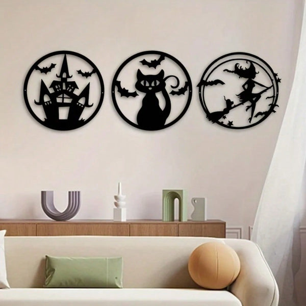 1 piece metal Halloween bat cat wall decoration black round spider web witch pumpkin house plate wall painting Halloween Day of the Dead house party decoration