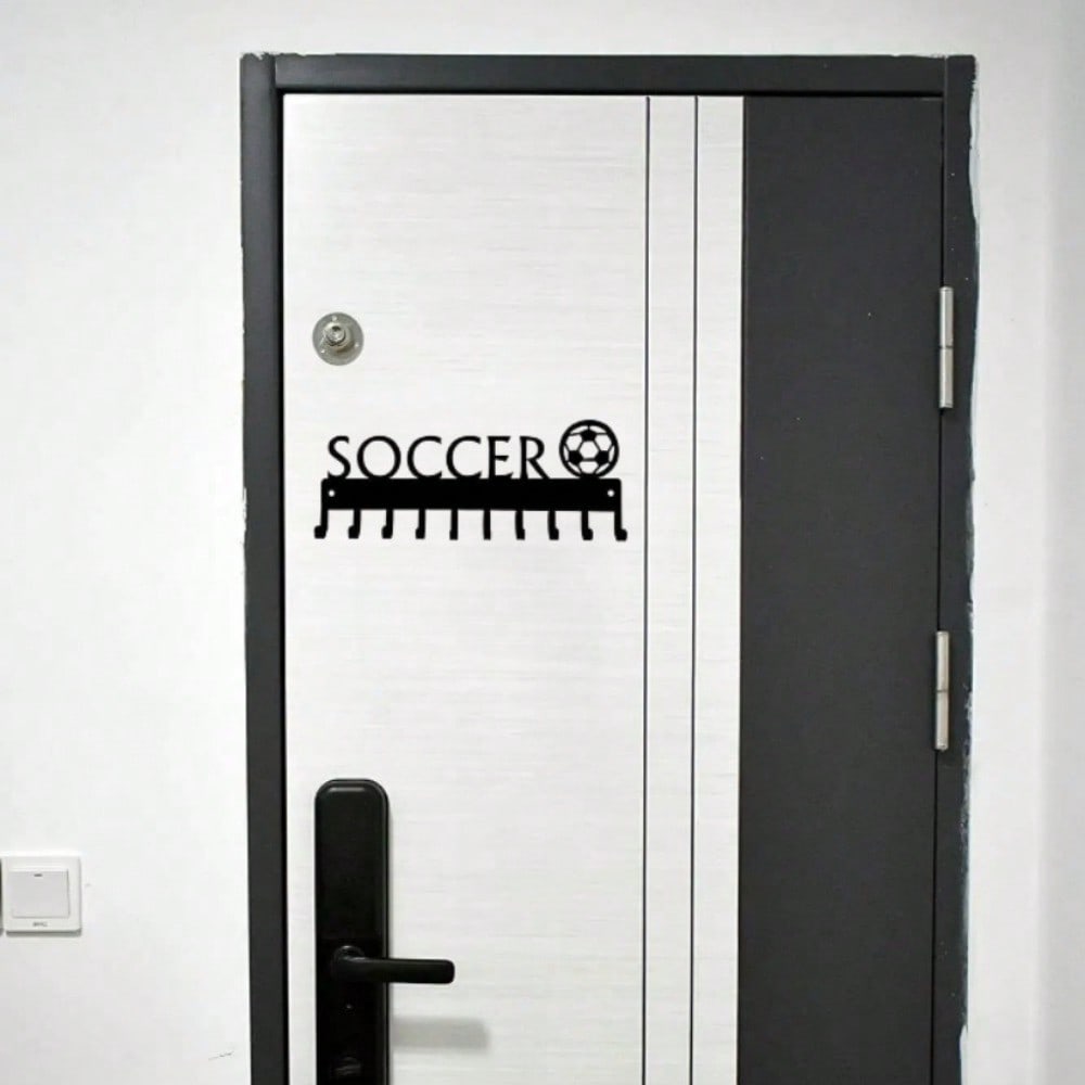 1pc Soccer Ball With Medal Shaped Metal Wall Hook, Black Wall Mounted Coat Hook, Keychain, Towel Rack Wall Art Home Decor