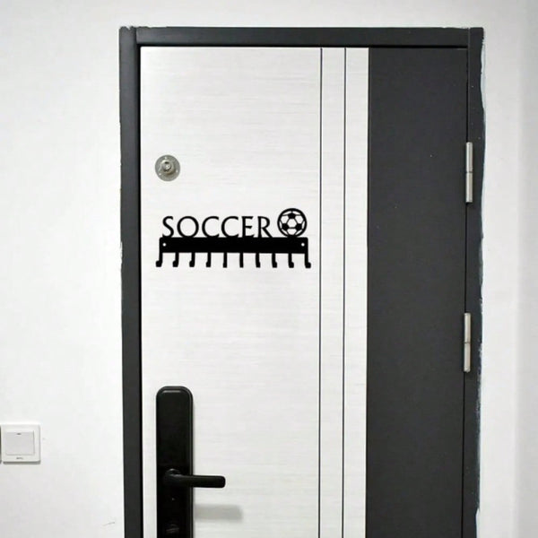 1pc Soccer Ball With Medal Shaped Metal Wall Hook, Black Wall Mounted Coat Hook, Keychain, Towel Rack Wall Art Home Decor
