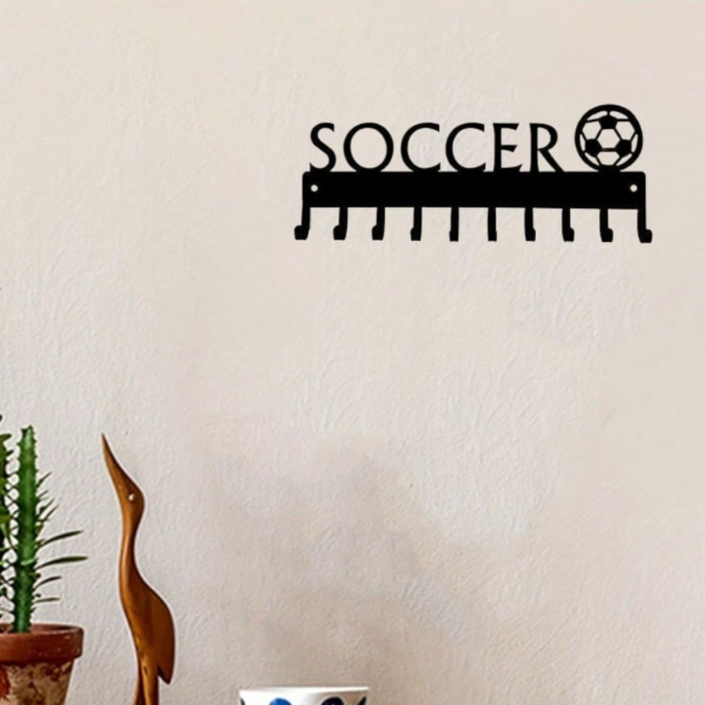 1pc Soccer Ball With Medal Shaped Metal Wall Hook, Black Wall Mounted Coat Hook, Keychain, Towel Rack Wall Art Home Decor