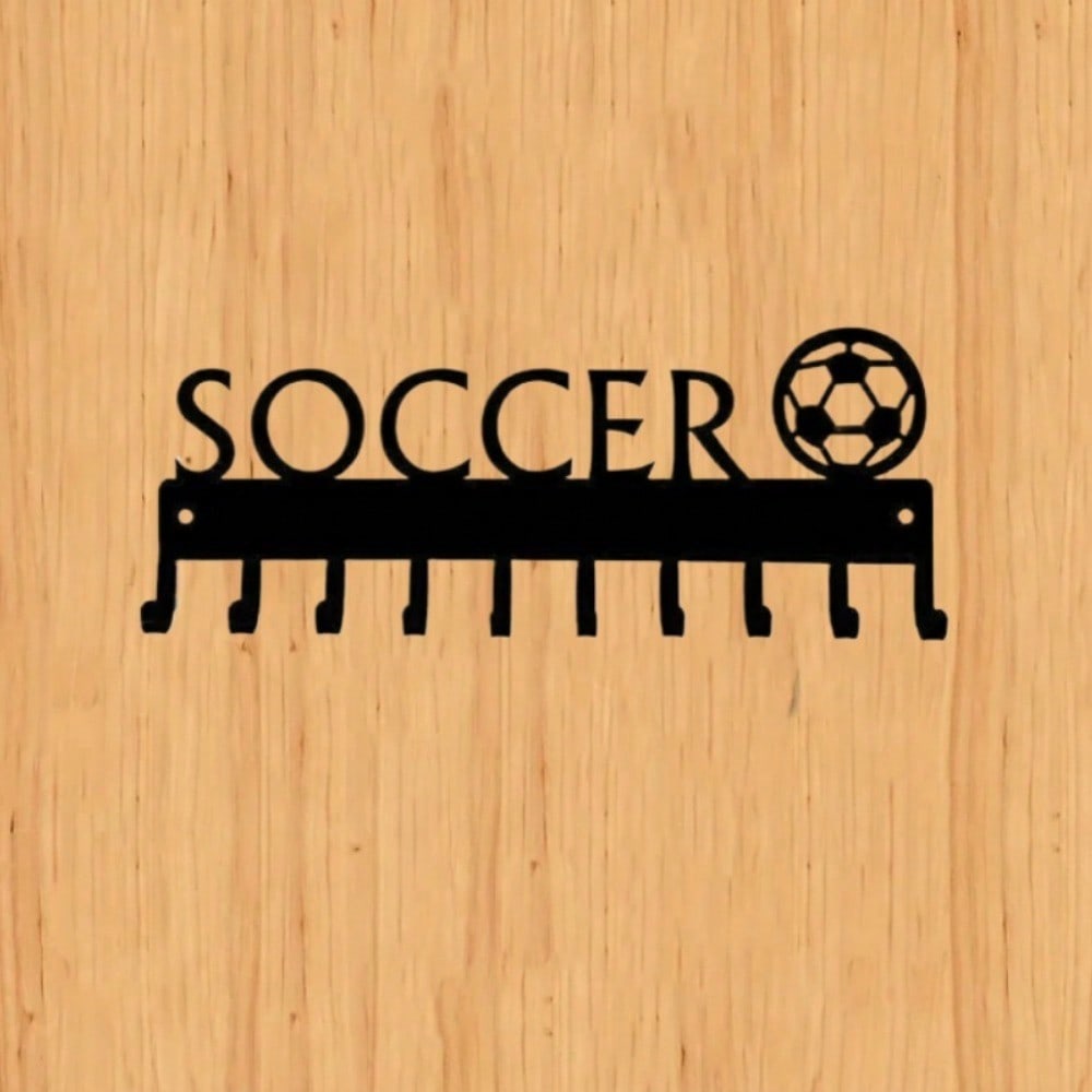 1pc Soccer Ball With Medal Shaped Metal Wall Hook, Black Wall Mounted Coat Hook, Keychain, Towel Rack Wall Art Home Decor
