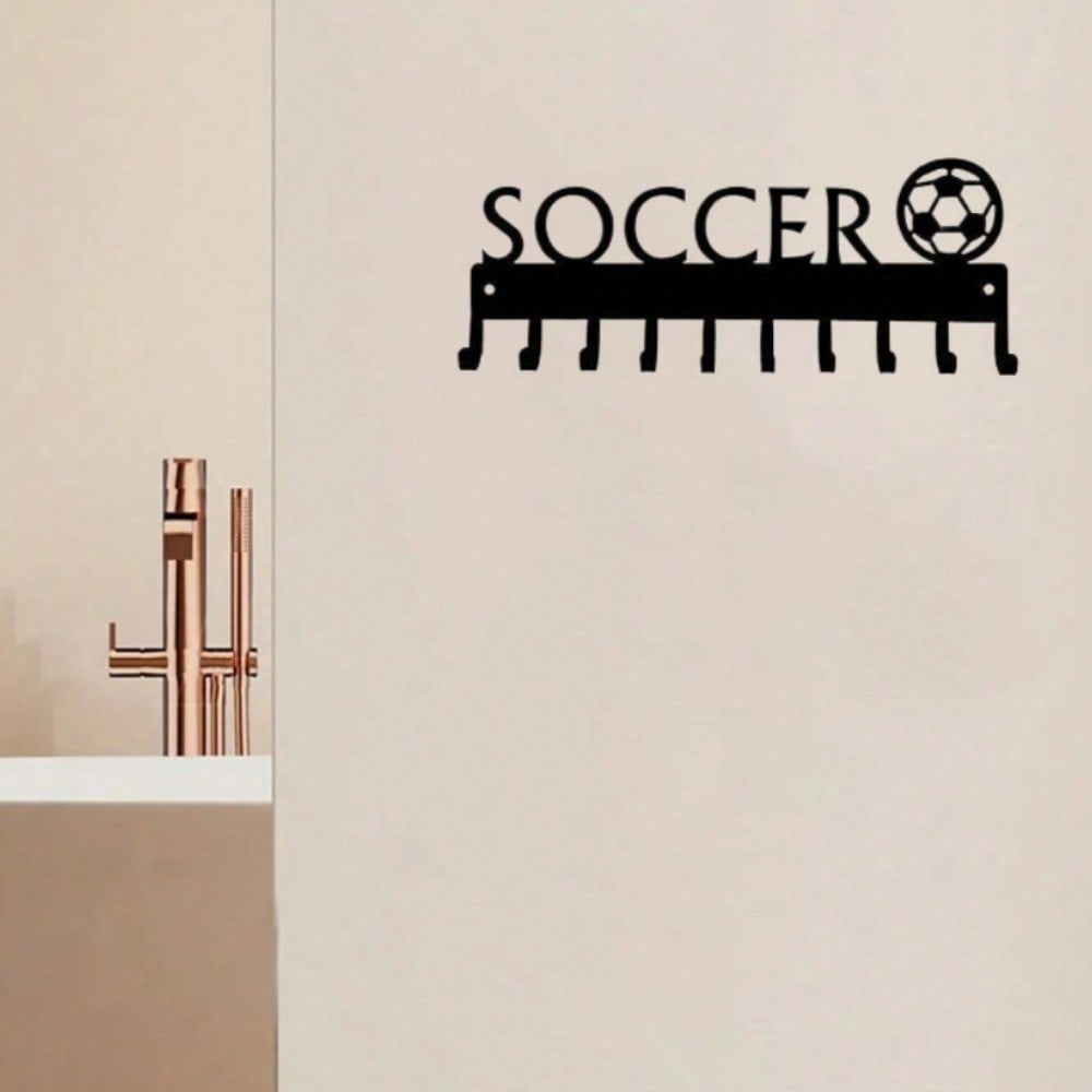 1pc Soccer Ball With Medal Shaped Metal Wall Hook, Black Wall Mounted Coat Hook, Keychain, Towel Rack Wall Art Home Decor