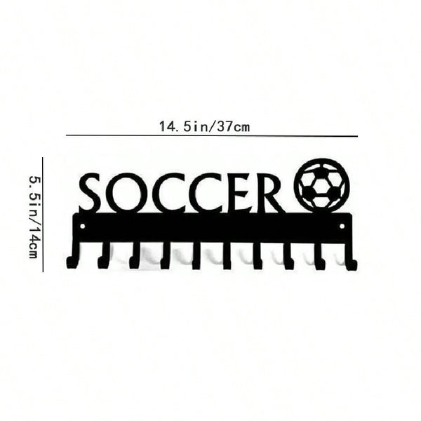 1pc Soccer Ball With Medal Shaped Metal Wall Hook, Black Wall Mounted Coat Hook, Keychain, Towel Rack Wall Art Home Decor