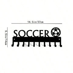 1pc Soccer Ball With Medal Shaped Metal Wall Hook, Black Wall Mounted Coat Hook, Keychain, Towel Rack Wall Art Home Decor