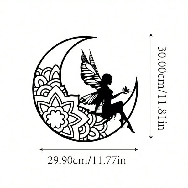 1 piece, wrought iron moon wall decoration, hollow engraved black metal fairy and moon wall decoration, suitable for indoor and outdoor home living room bedroom decoration, decorative gifts