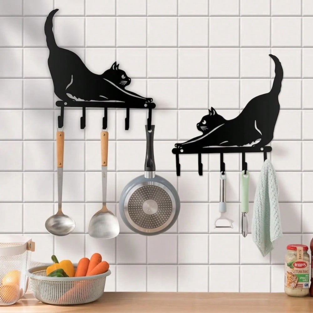 1pc Lovely Black Cat Wall-Mounted Keychain Hanger, Bedroom Metal Home Decoration Gift For Cat Lovers