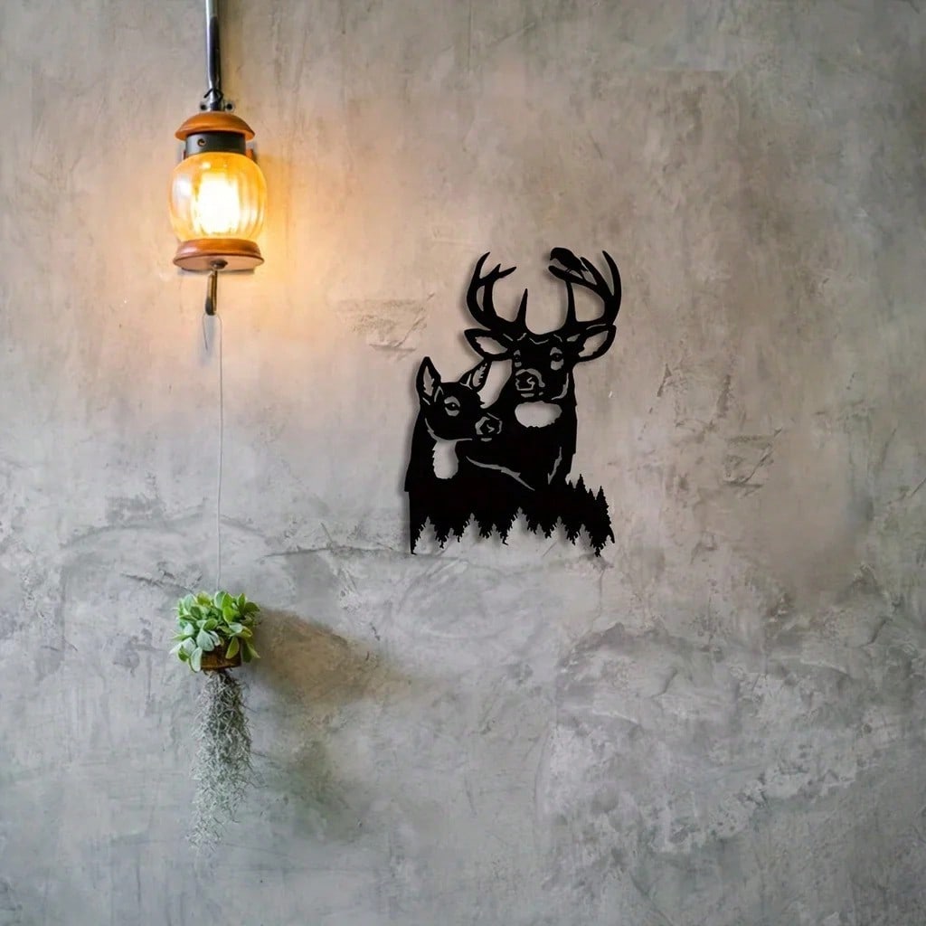 1 deer theme decorative wall ornament, suitable for indoor living room, black classic style, metal material, can be hung on wall, home decoration