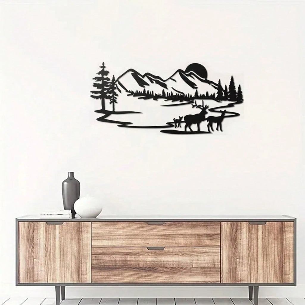 1 deer theme decorative wall ornament, suitable for indoor living room, black classic style, metal material, can be hung on wall, home decoration