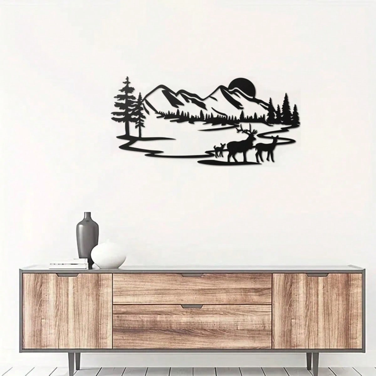 1 deer theme decorative wall ornament, suitable for indoor living room, black classic style, metal material, can be hung on wall, home decoration
