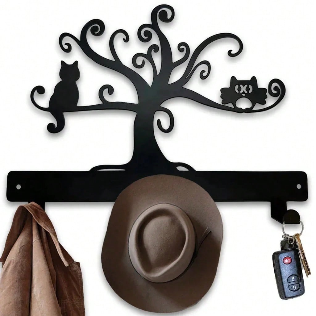 1 piece metal tree cat/flower/moon/mountain sunset/bird art silhouette wall hanging hook, can be used to hang keys, hats, clothes, home decoration clothing storage rack