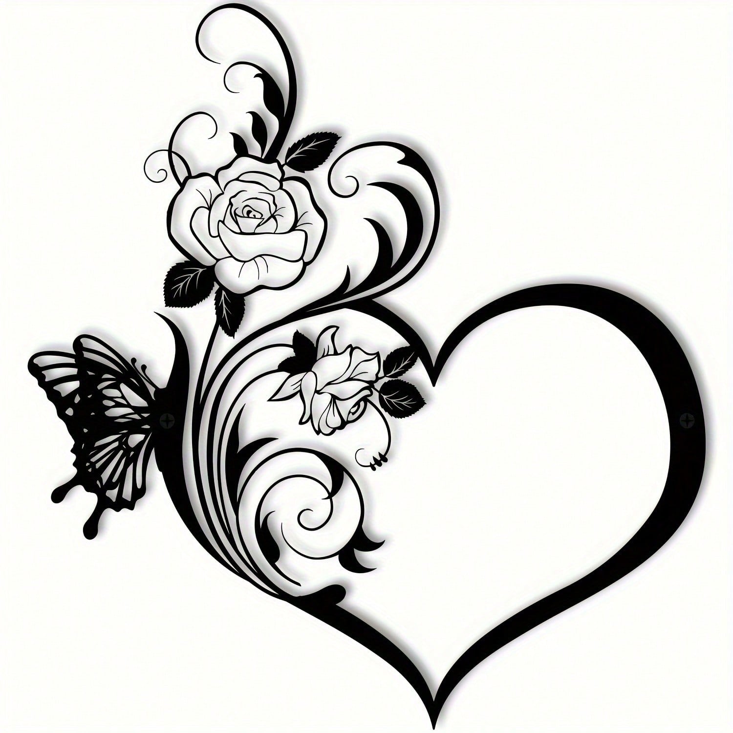 1 metal rose butterfly flower heart shape/love silhouette wall decoration, black small family love logo, suitable for home wall decoration