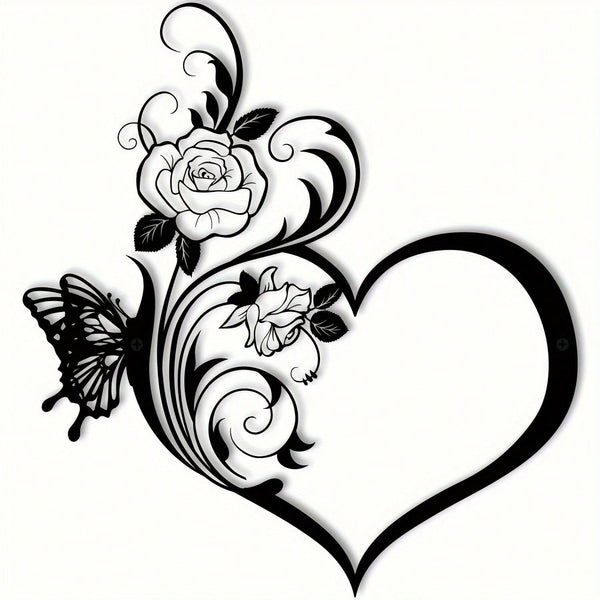 1 metal rose butterfly flower heart shape/love silhouette wall decoration, black small family love logo, suitable for home wall decoration