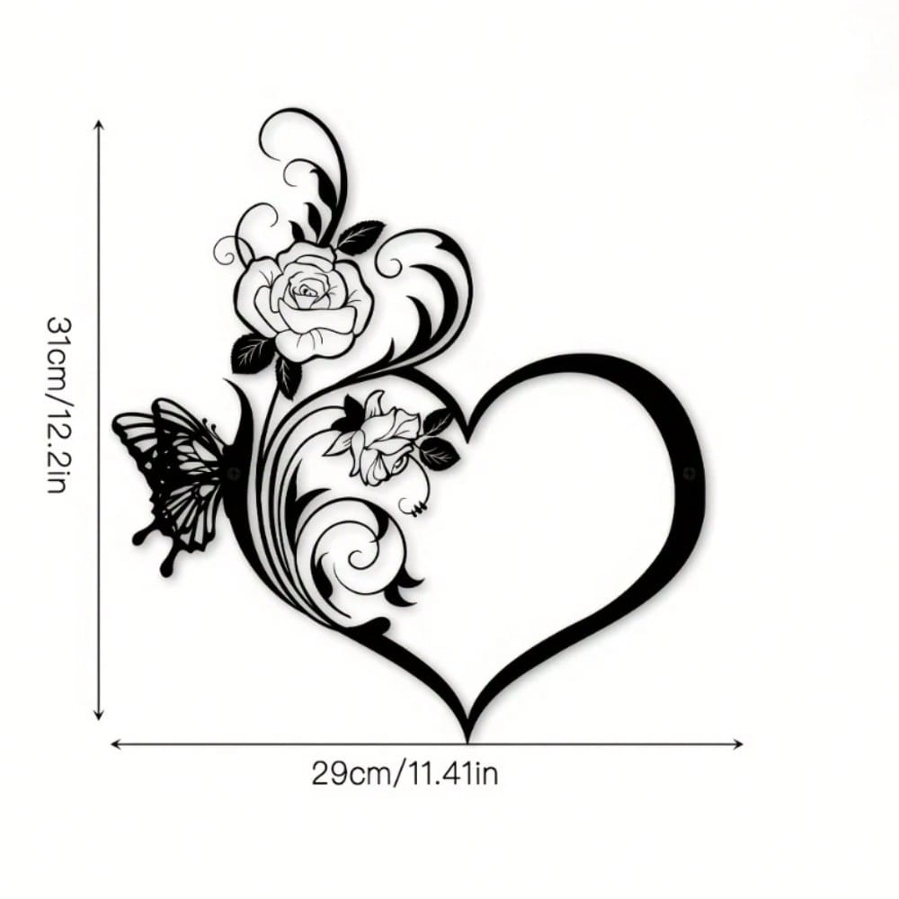 1 metal rose butterfly flower heart shape/love silhouette wall decoration, black small family love logo, suitable for home wall decoration