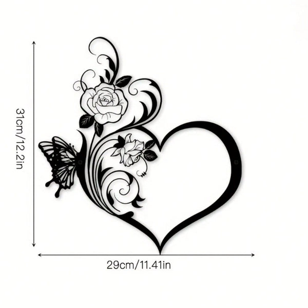 1 metal rose butterfly flower heart shape/love silhouette wall decoration, black small family love logo, suitable for home wall decoration