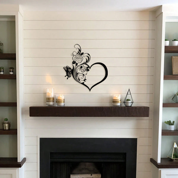 1 metal rose butterfly flower heart shape/love silhouette wall decoration, black small family love logo, suitable for home wall decoration