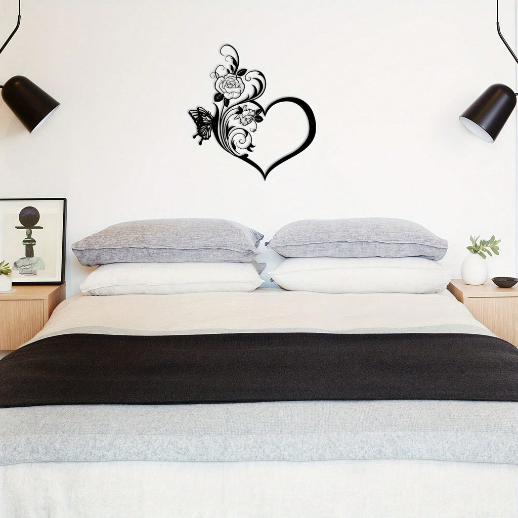 1 metal rose butterfly flower heart shape/love silhouette wall decoration, black small family love logo, suitable for home wall decoration