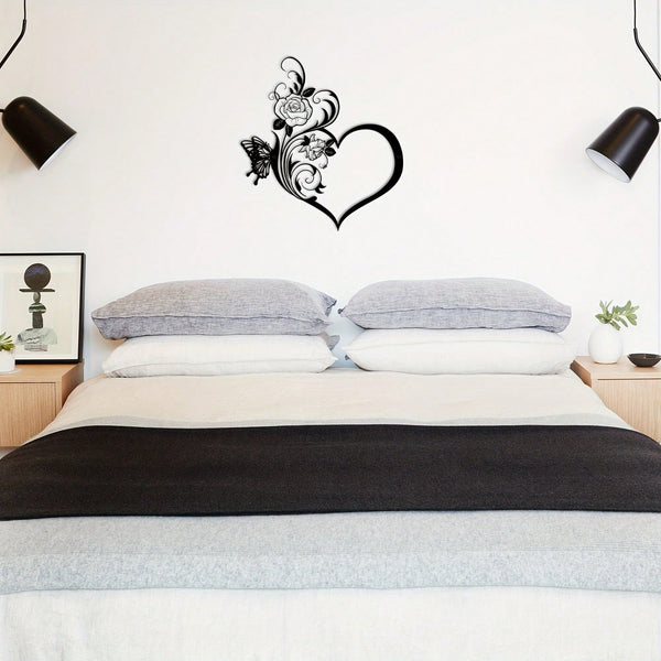 1 metal rose butterfly flower heart shape/love silhouette wall decoration, black small family love logo, suitable for home wall decoration