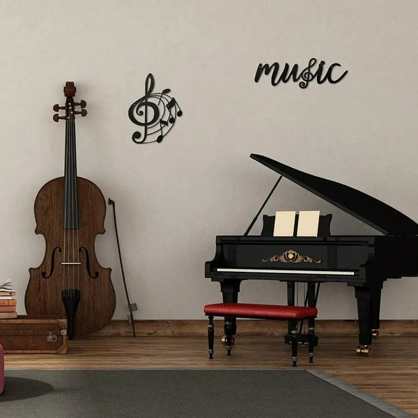 2 Pcs Music Metal Wall Decor - Black Treble Clef And Music Notes Metal Wall Art Decor
