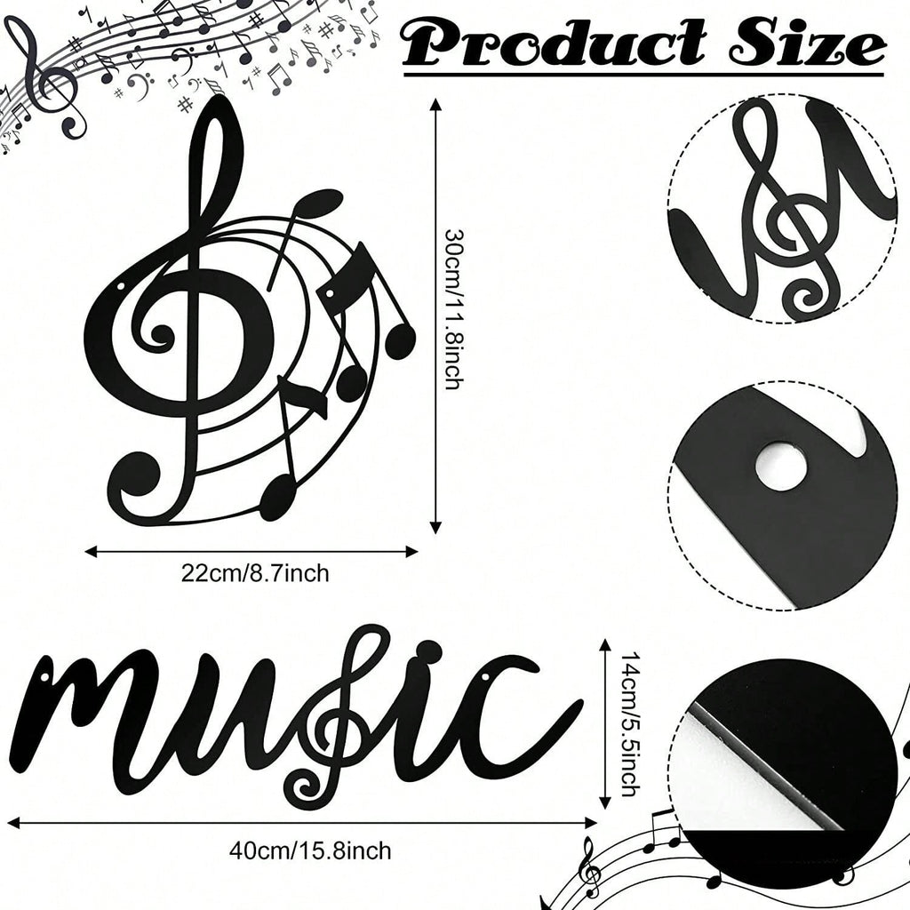 2 Pcs Music Metal Wall Decor - Black Treble Clef And Music Notes Metal Wall Art Decor