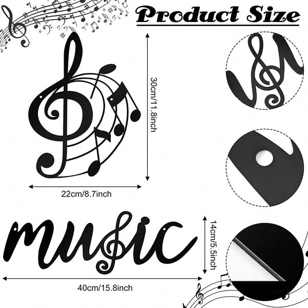 2 Pcs Music Metal Wall Decor - Black Treble Clef And Music Notes Metal Wall Art Decor