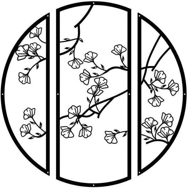 3pcs/set Ginkgo Metal Wall Art Decor, Black Simple Line Round Wall Art Sculpture, Suitable for Bedroom Kitchen Wall Decor