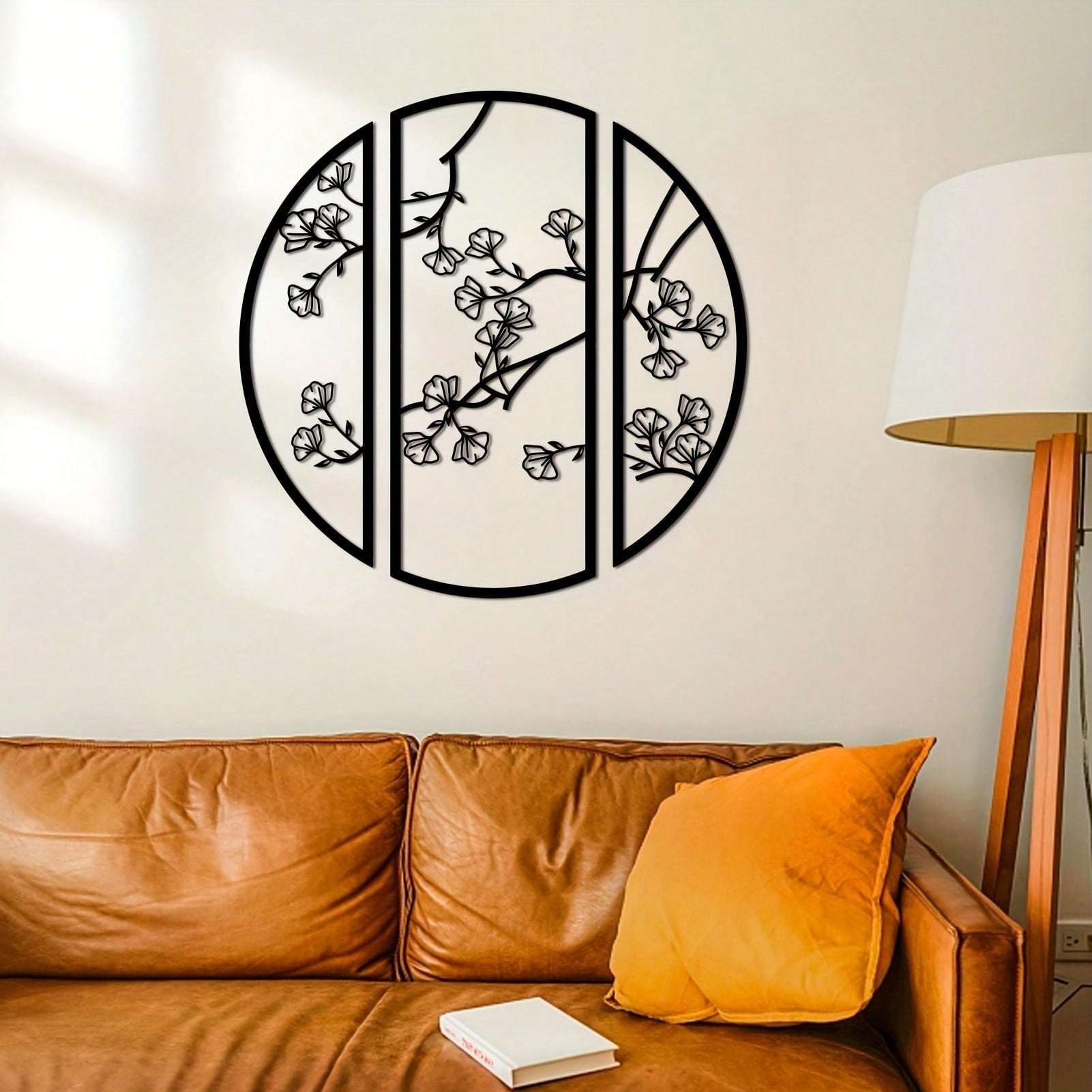 3pcs/set Ginkgo Metal Wall Art Decor, Black Simple Line Round Wall Art Sculpture, Suitable for Bedroom Kitchen Wall Decor