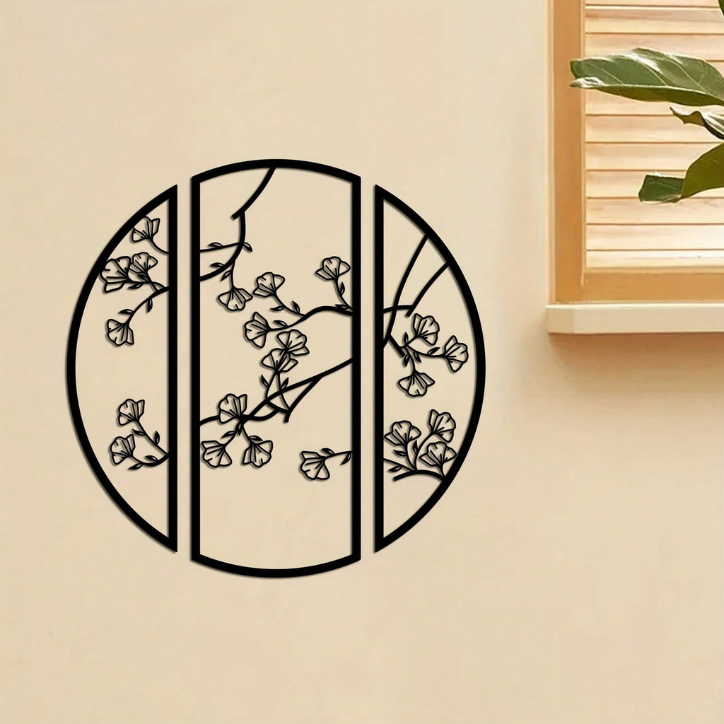 3pcs/set Ginkgo Metal Wall Art Decor, Black Simple Line Round Wall Art Sculpture, Suitable for Bedroom Kitchen Wall Decor