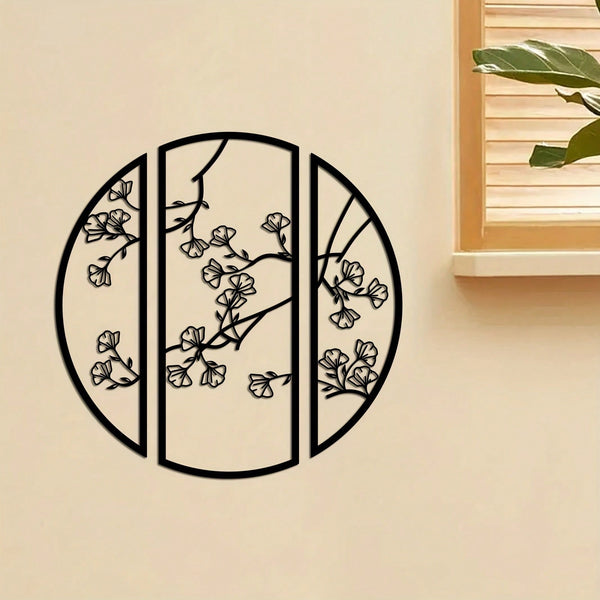3pcs/set Ginkgo Metal Wall Art Decor, Black Simple Line Round Wall Art Sculpture, Suitable for Bedroom Kitchen Wall Decor