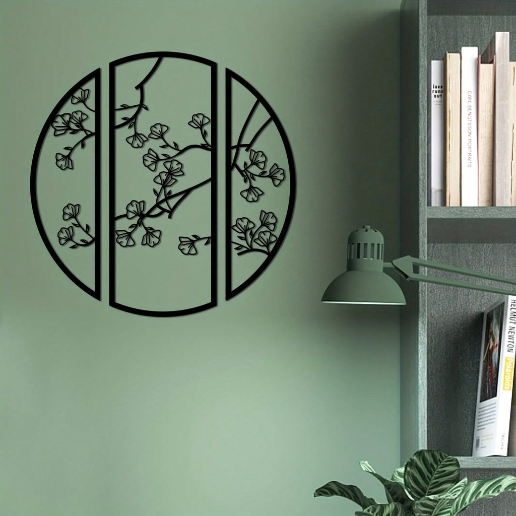 3pcs/set Ginkgo Metal Wall Art Decor, Black Simple Line Round Wall Art Sculpture, Suitable for Bedroom Kitchen Wall Decor