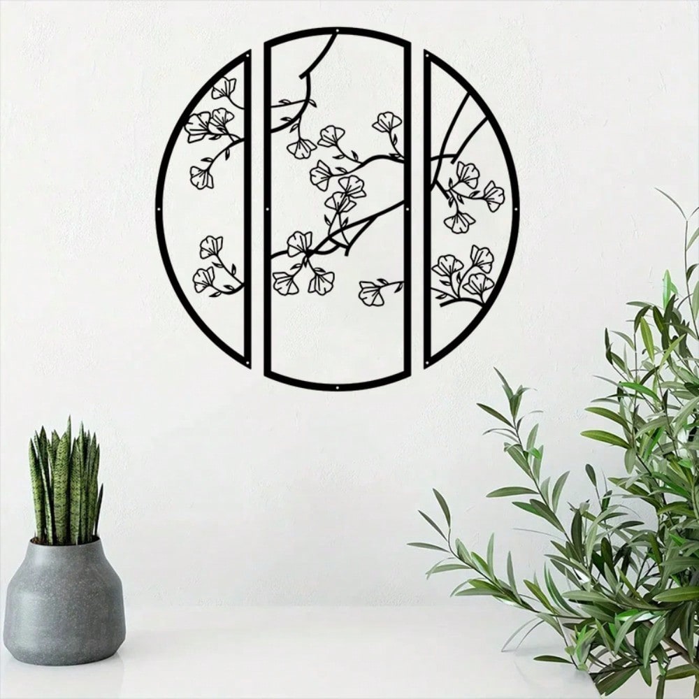 3pcs/set Ginkgo Metal Wall Art Decor, Black Simple Line Round Wall Art Sculpture, Suitable for Bedroom Kitchen Wall Decor